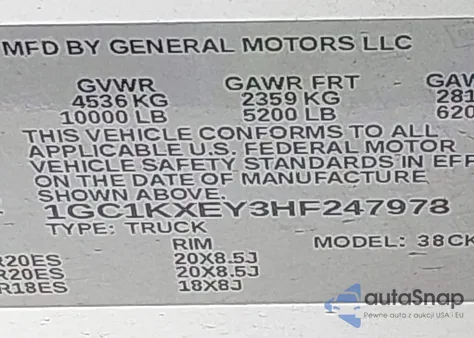 2017 Chevrolet Silverado 2500Hd High Country z USA, uszkodzony, nr VIN 1GC1KXEY3HF247978